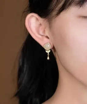 Fashion Yellow Sterlign Silver Inlaid Jade Leaf Drop Earrings  LY8603