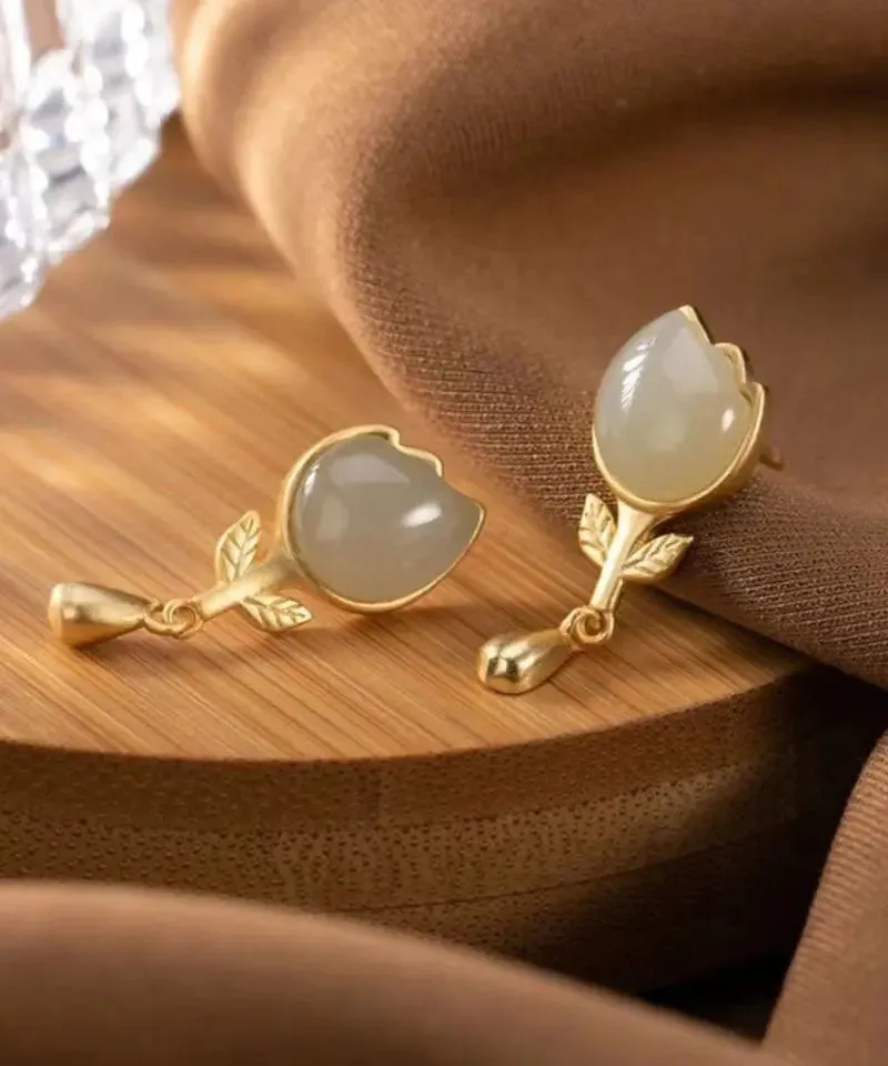 Fashion Yellow Sterlign Silver Inlaid Jade Leaf Drop Earrings  LY8603