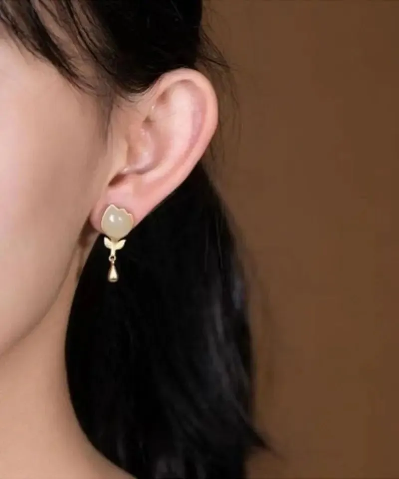 Fashion Yellow Sterlign Silver Inlaid Jade Leaf Drop Earrings  LY8603