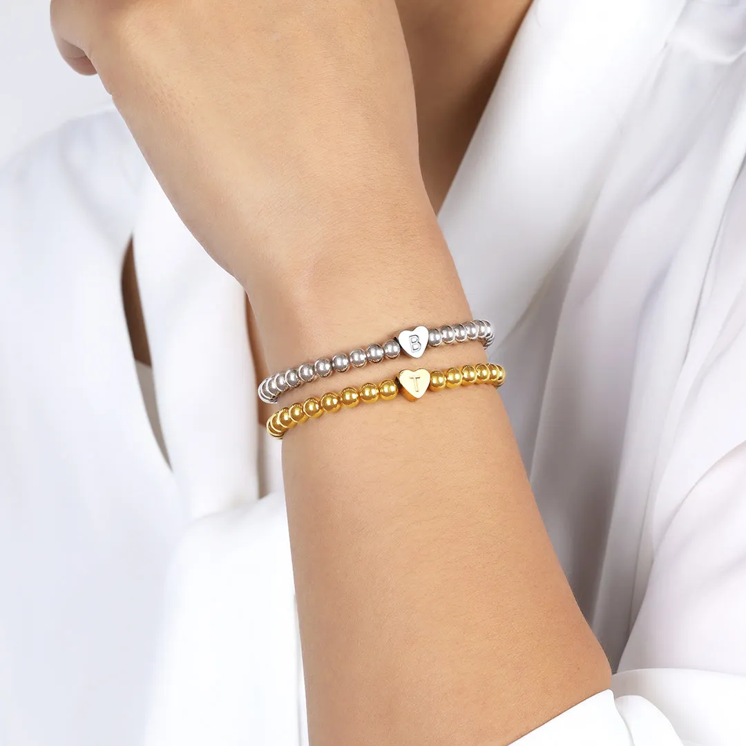 Gold Beaded Bracelet with Heart Initial