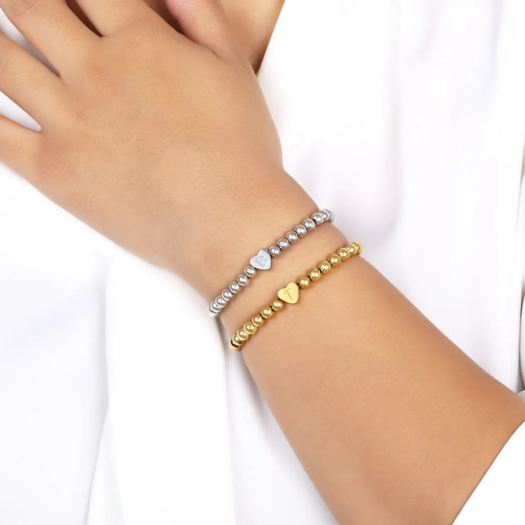 Gold Beaded Bracelet with Heart Initial