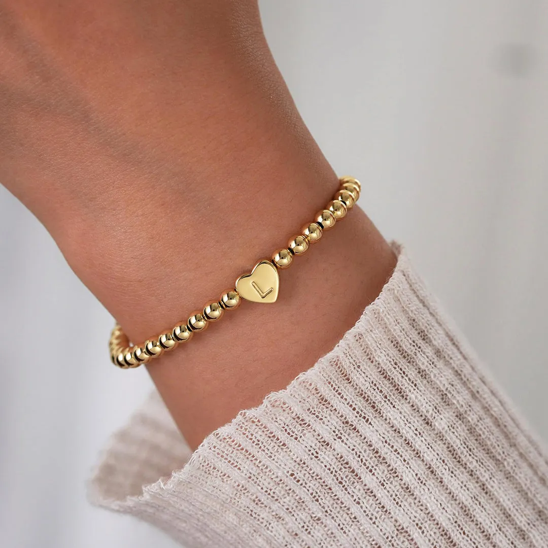 Gold Beaded Bracelet with Heart Initial