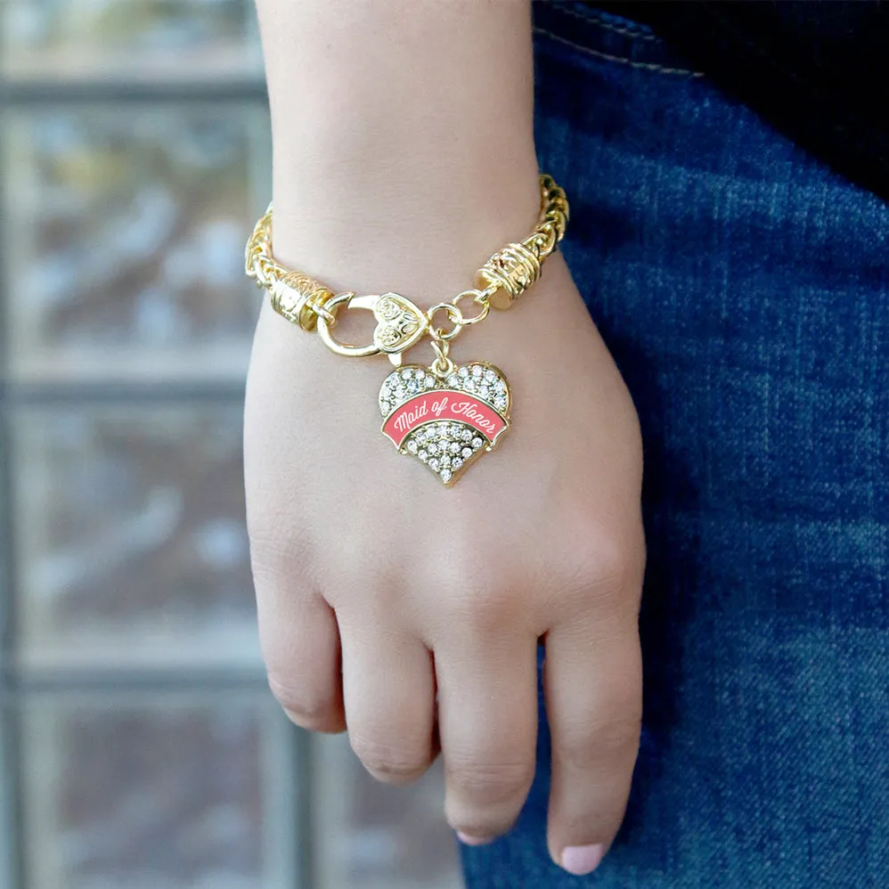 Gold Coral Maid of Honor Pave Heart Charm Braided Bracelet