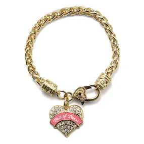 Gold Coral Maid of Honor Pave Heart Charm Braided Bracelet