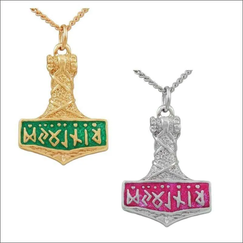 Gold Enameled Thor's Hammer Necklace