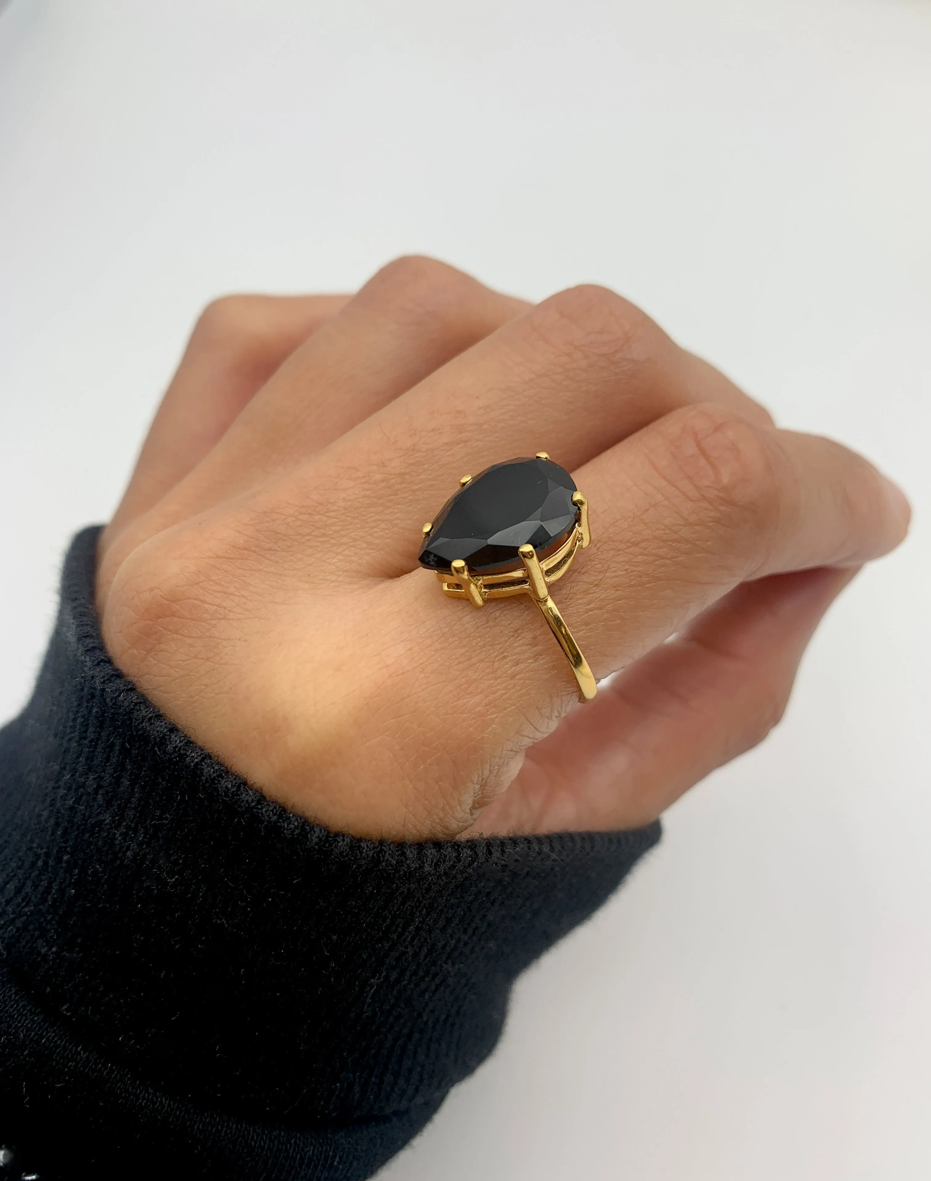 Gold Teardrop Ring - Natural Onyx, Large Statement Ring