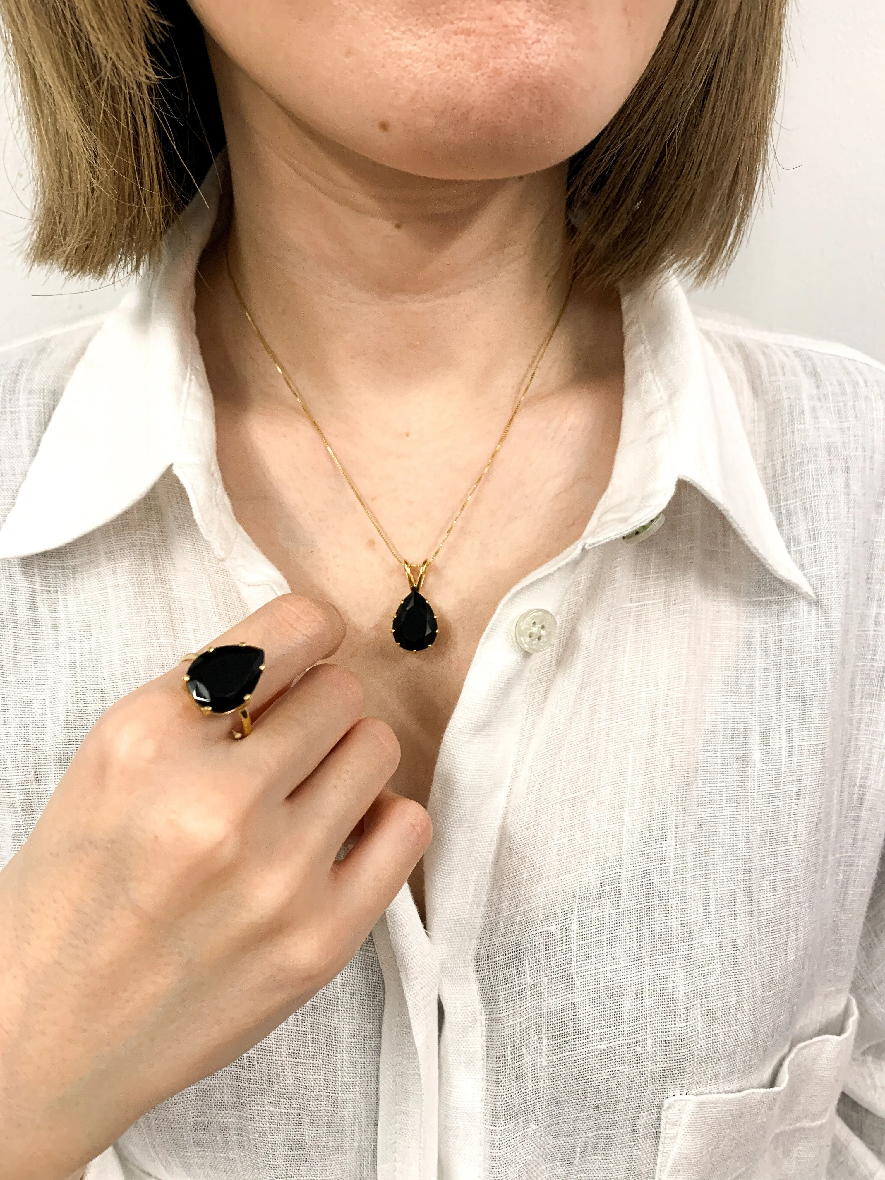 Gold Teardrop Ring - Natural Onyx, Large Statement Ring