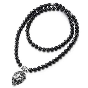 Gothic Punk Rock Mens Black Onyx Beads Necklace Stainless Steel Vintage Lion Head Pendant