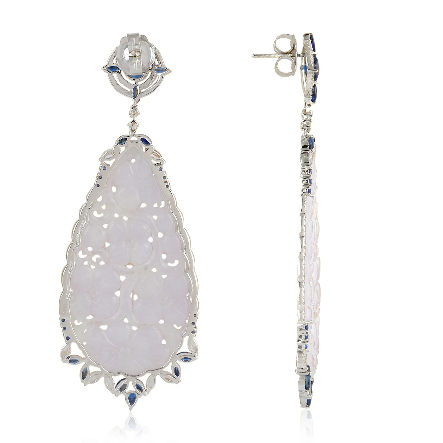 Hand Carved Jade Prong Blue Sapphire Pave Diamond Danglers In 18k White Gold For Women