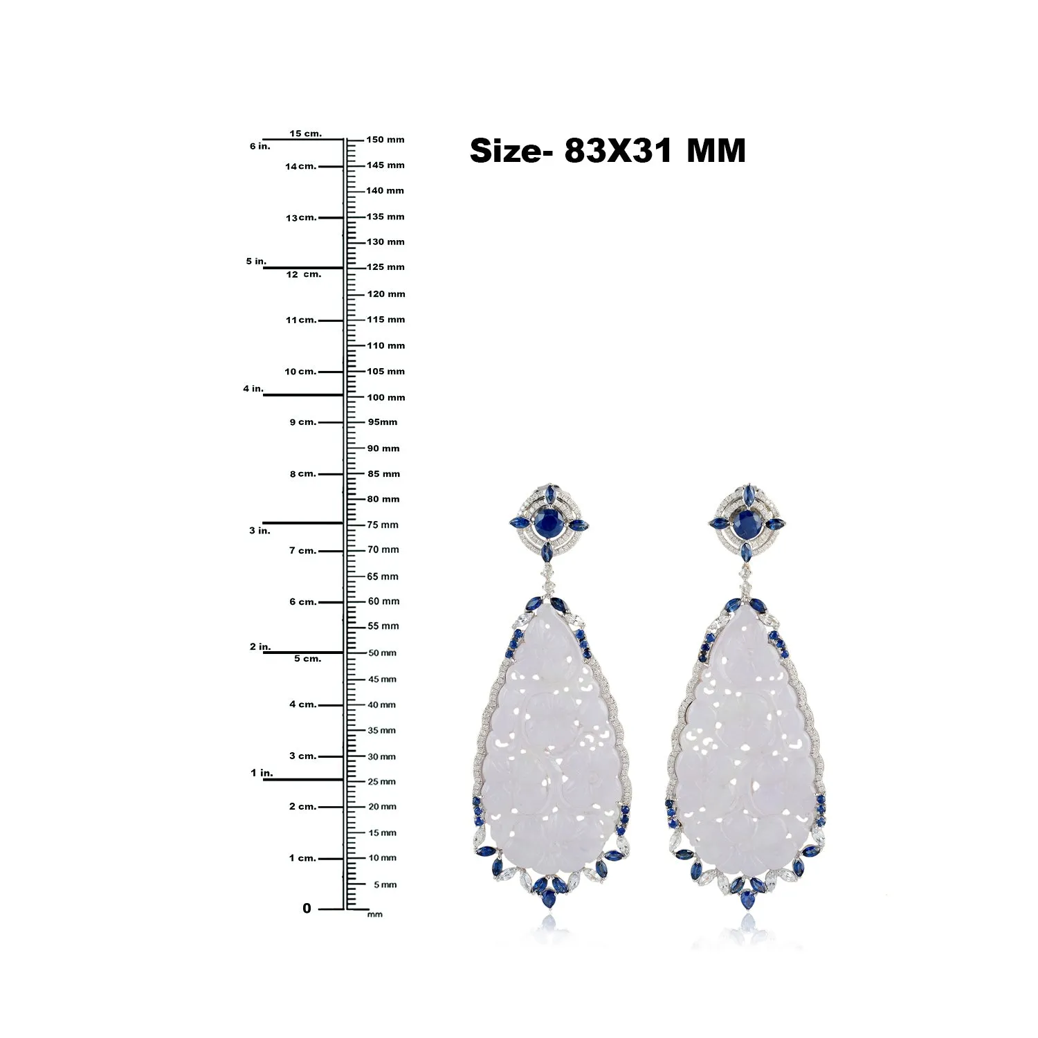 Hand Carved Jade Prong Blue Sapphire Pave Diamond Danglers In 18k White Gold For Women