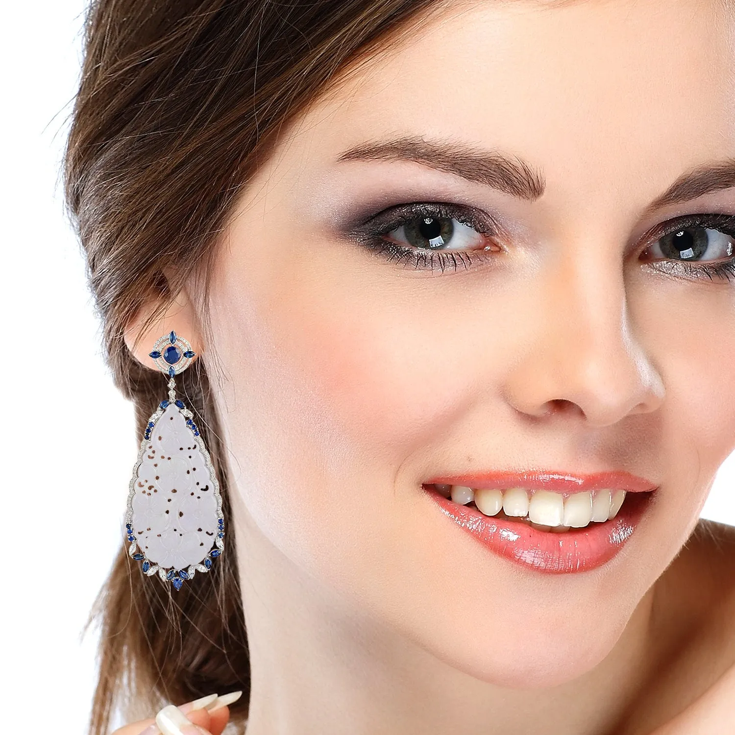 Hand Carved Jade Prong Blue Sapphire Pave Diamond Danglers In 18k White Gold For Women