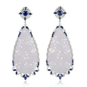 Hand Carved Jade Prong Blue Sapphire Pave Diamond Danglers In 18k White Gold For Women