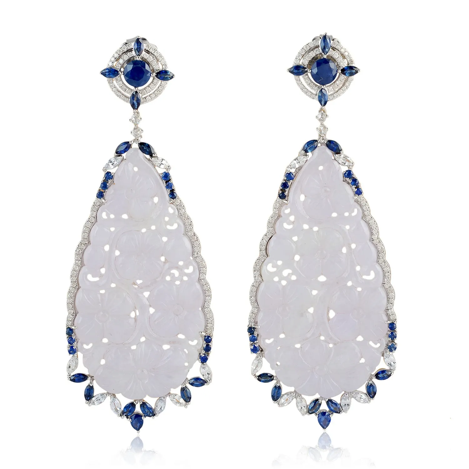 Hand Carved Jade Prong Blue Sapphire Pave Diamond Danglers In 18k White Gold For Women
