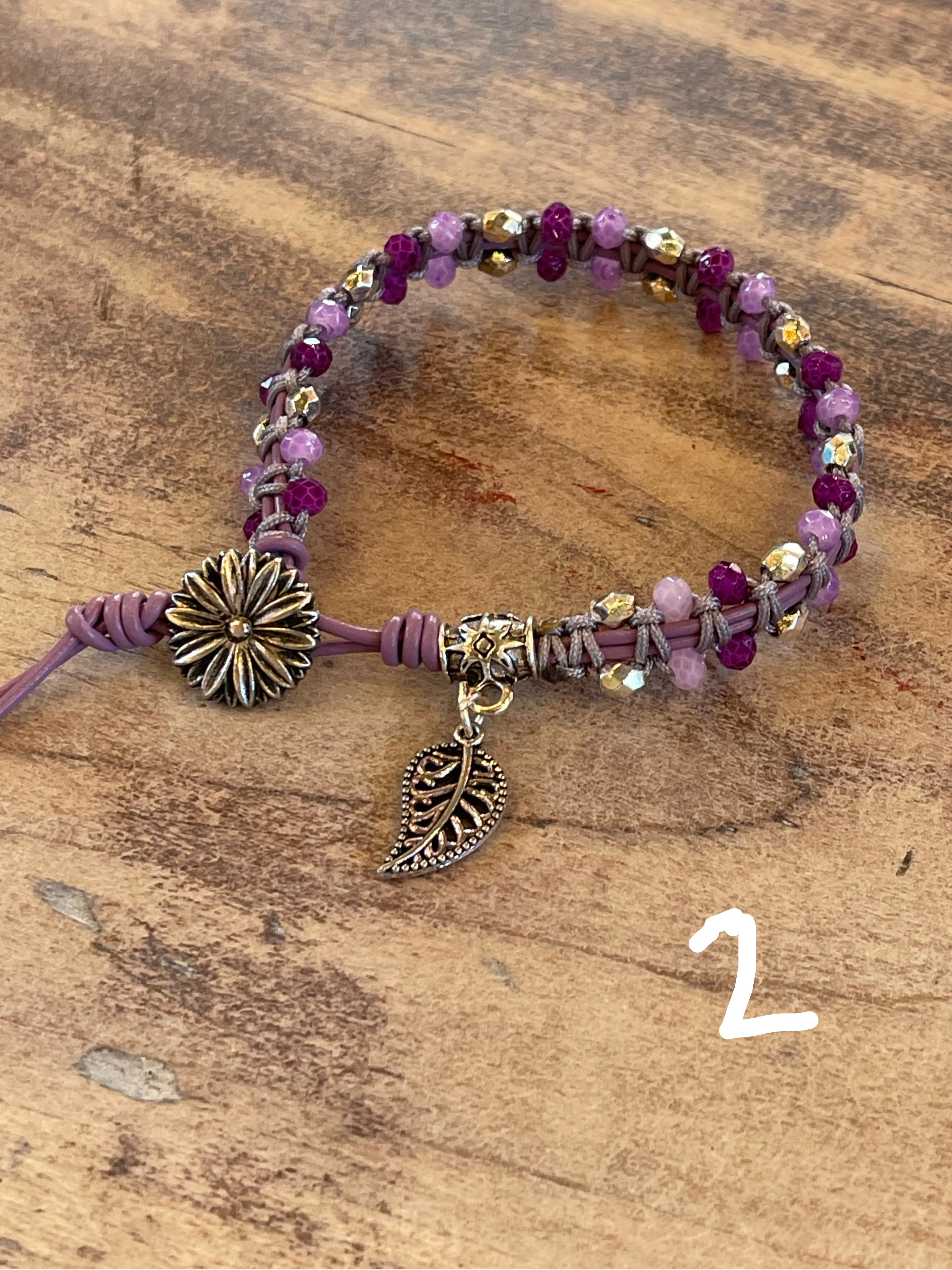 Handmade Leather Beaded Bracelet with charm - Sold Individually