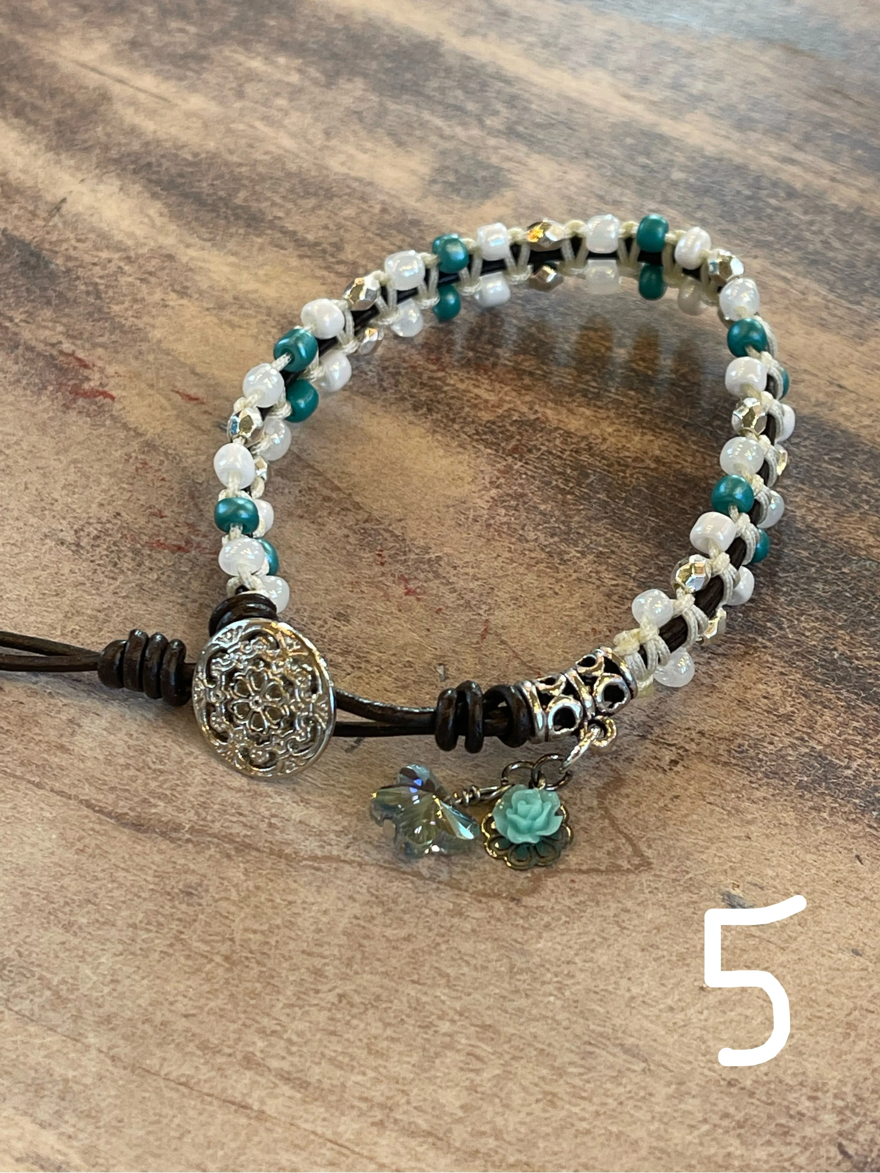 Handmade Leather Beaded Bracelet with charm - Sold Individually