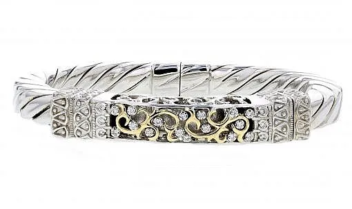 Italian sterling silver bangle bracelet with 0.50ct diamonds and solid 14K yellow gold accents