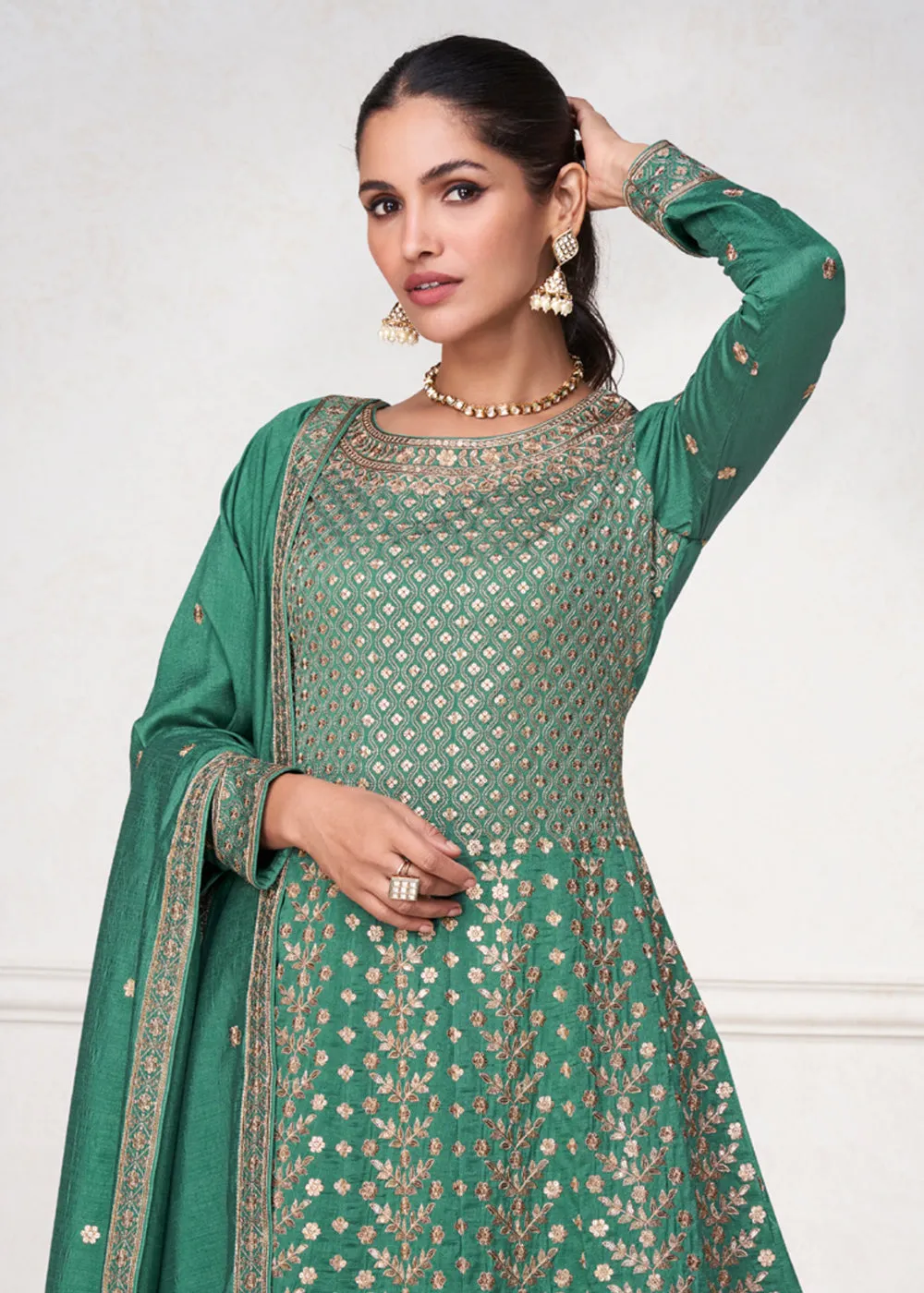 Jade Green Punjabi Style Silk Embroidered Salwar Suit