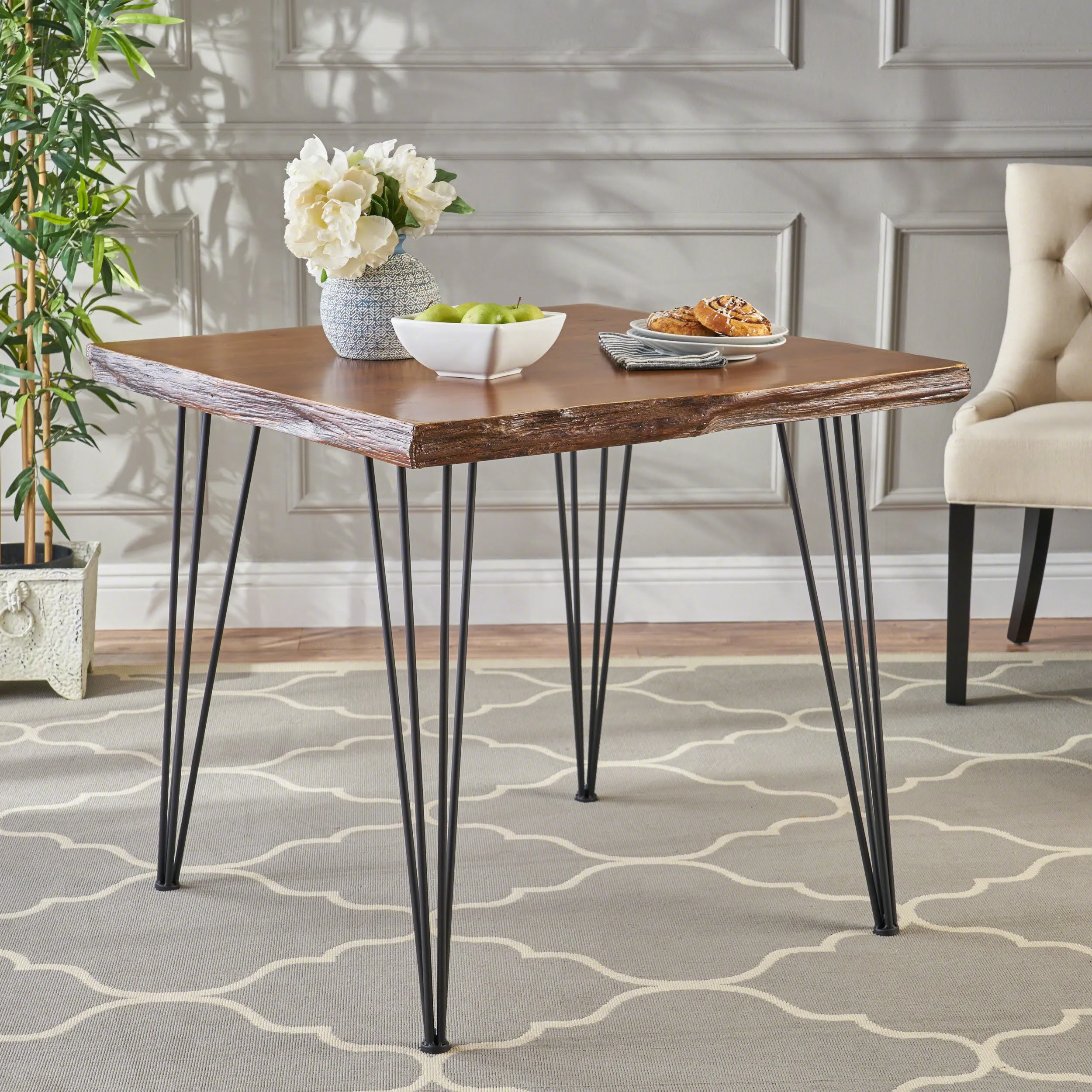 Kaia Modern Industrial Faux Live Edge Square Dining Table, Natural and Black