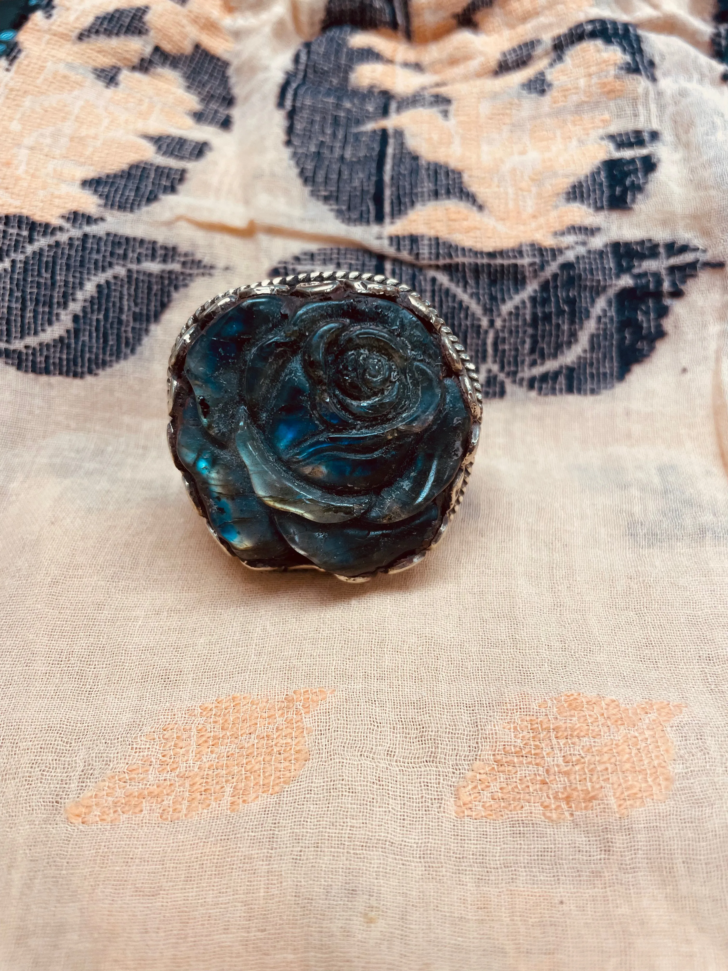 Large Rose Carved in Labradorite Adjustable Ornate Ring