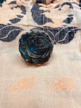 Large Rose Carved in Labradorite Adjustable Ornate Ring