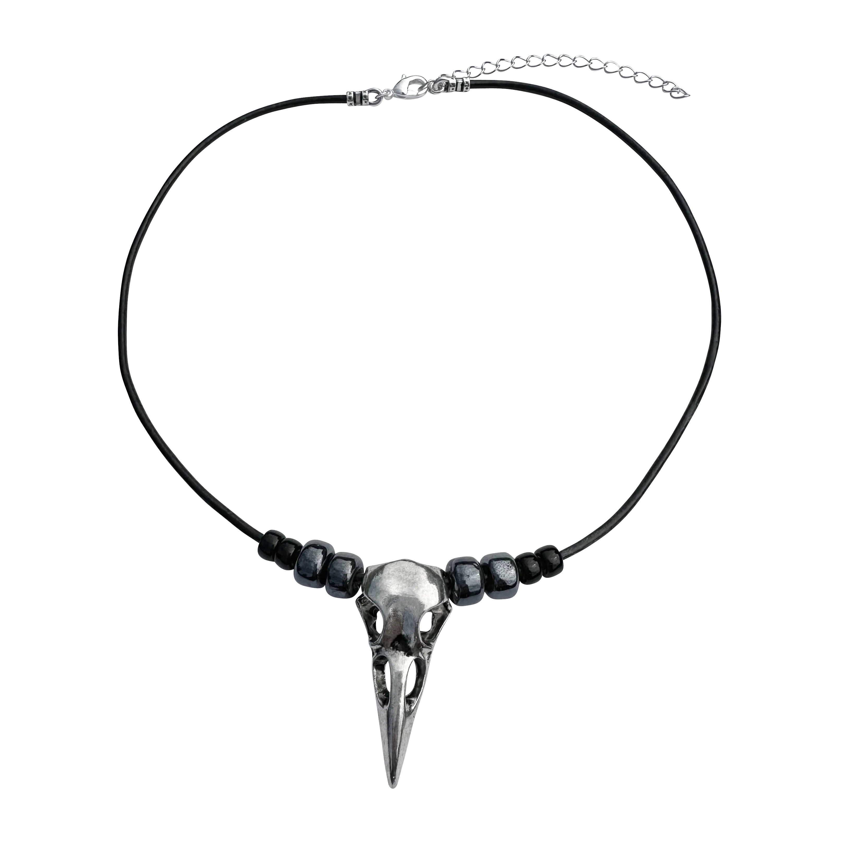 Large Silver Raven Skull Pendant on Beaded Black Leather Cord Necklace - 16" to 19"