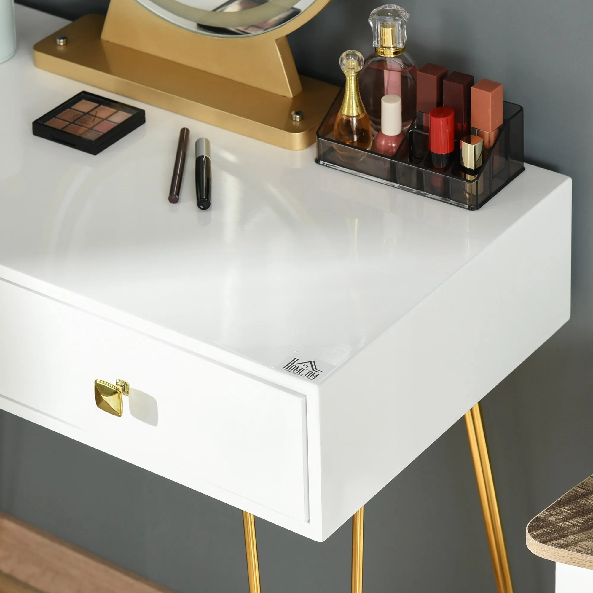 Makeup Vanity Table Set with Round Mirror, 3 Color LED Light, Dressing Desk with 2 Drawers and Cushioned Stool for Bedroom, White With Mirror &