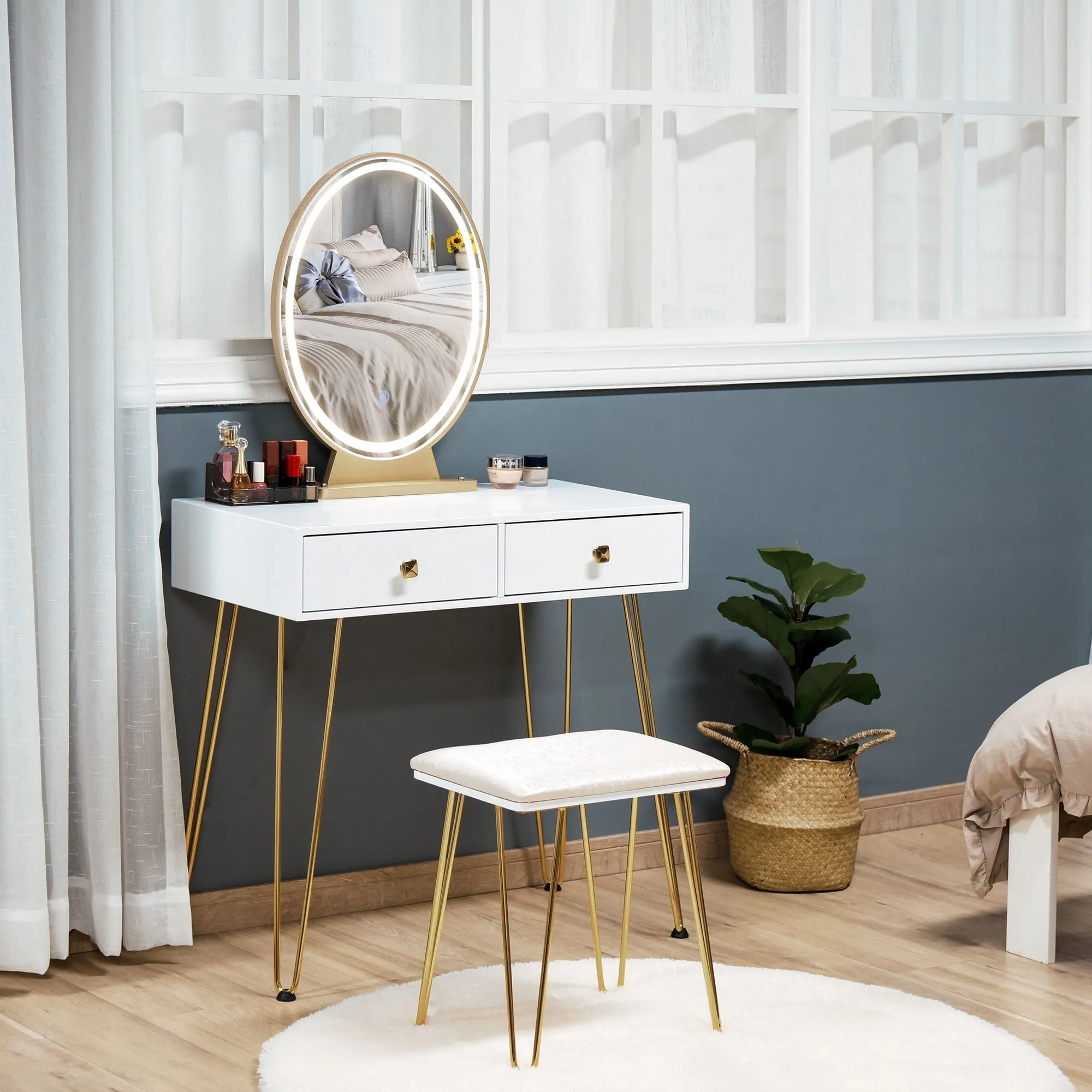 Makeup Vanity Table Set with Round Mirror, 3 Color LED Light, Dressing Desk with 2 Drawers and Cushioned Stool for Bedroom, White With Mirror &