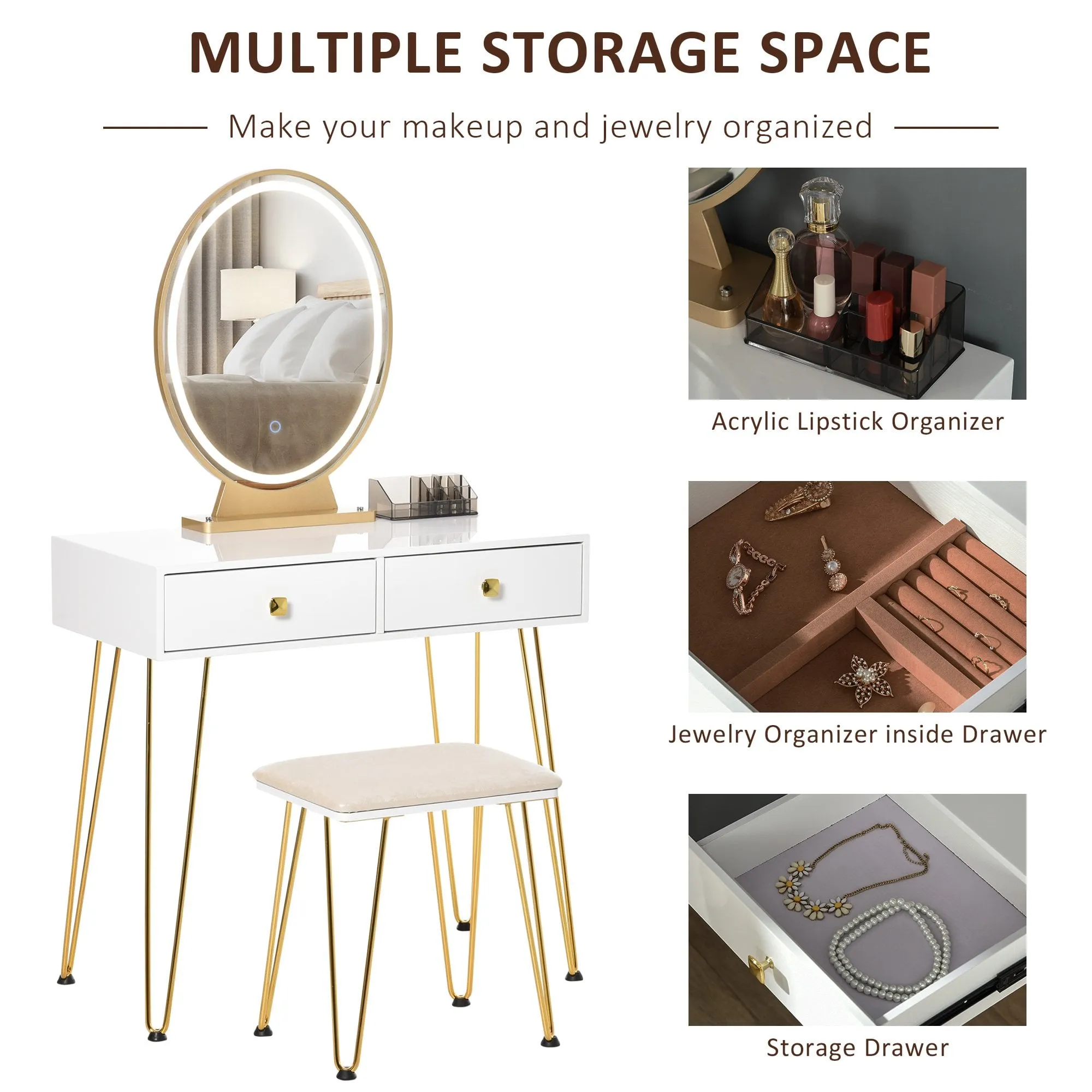 Makeup Vanity Table Set with Round Mirror, 3 Color LED Light, Dressing Desk with 2 Drawers and Cushioned Stool for Bedroom, White With Mirror &