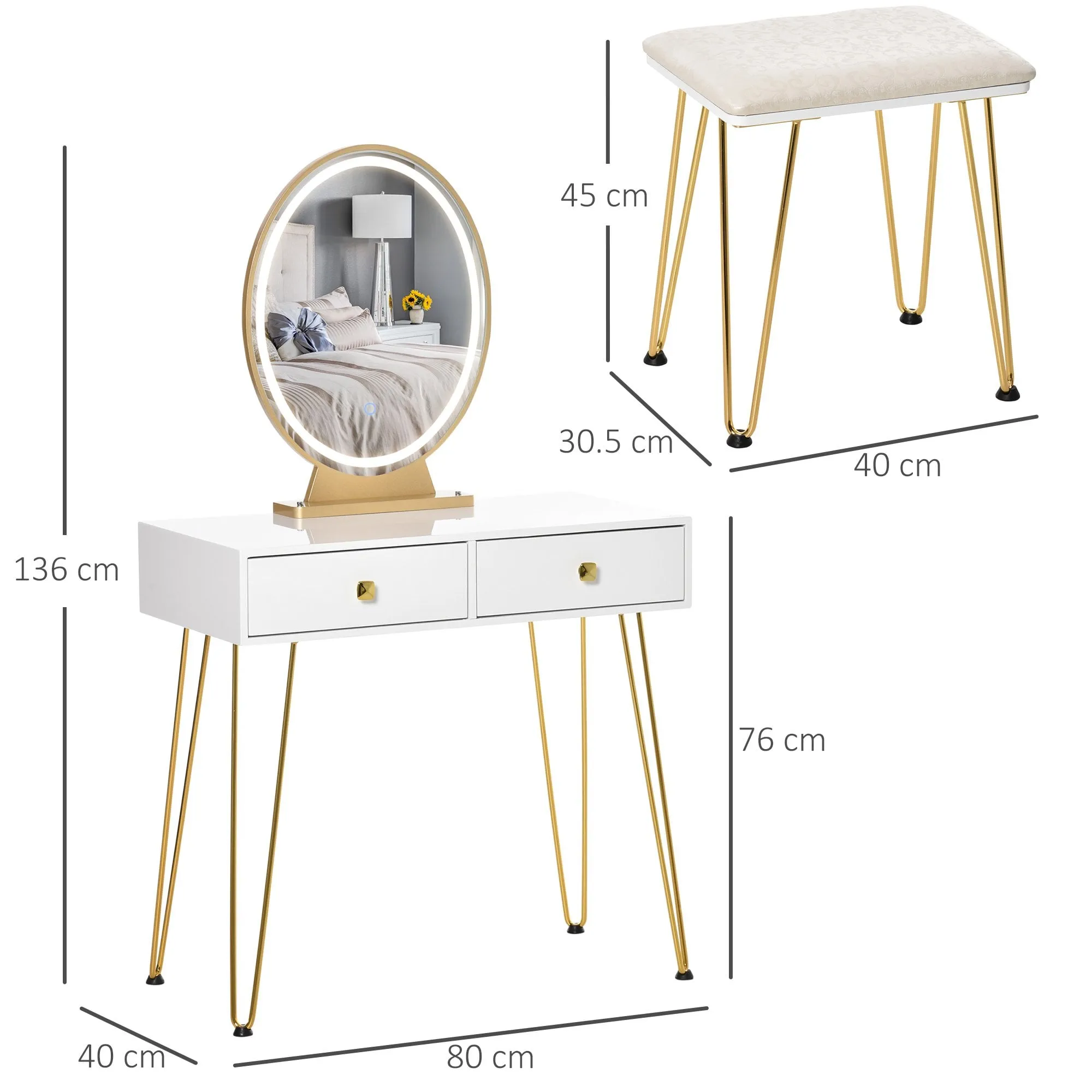 Makeup Vanity Table Set with Round Mirror, 3 Color LED Light, Dressing Desk with 2 Drawers and Cushioned Stool for Bedroom, White With Mirror &