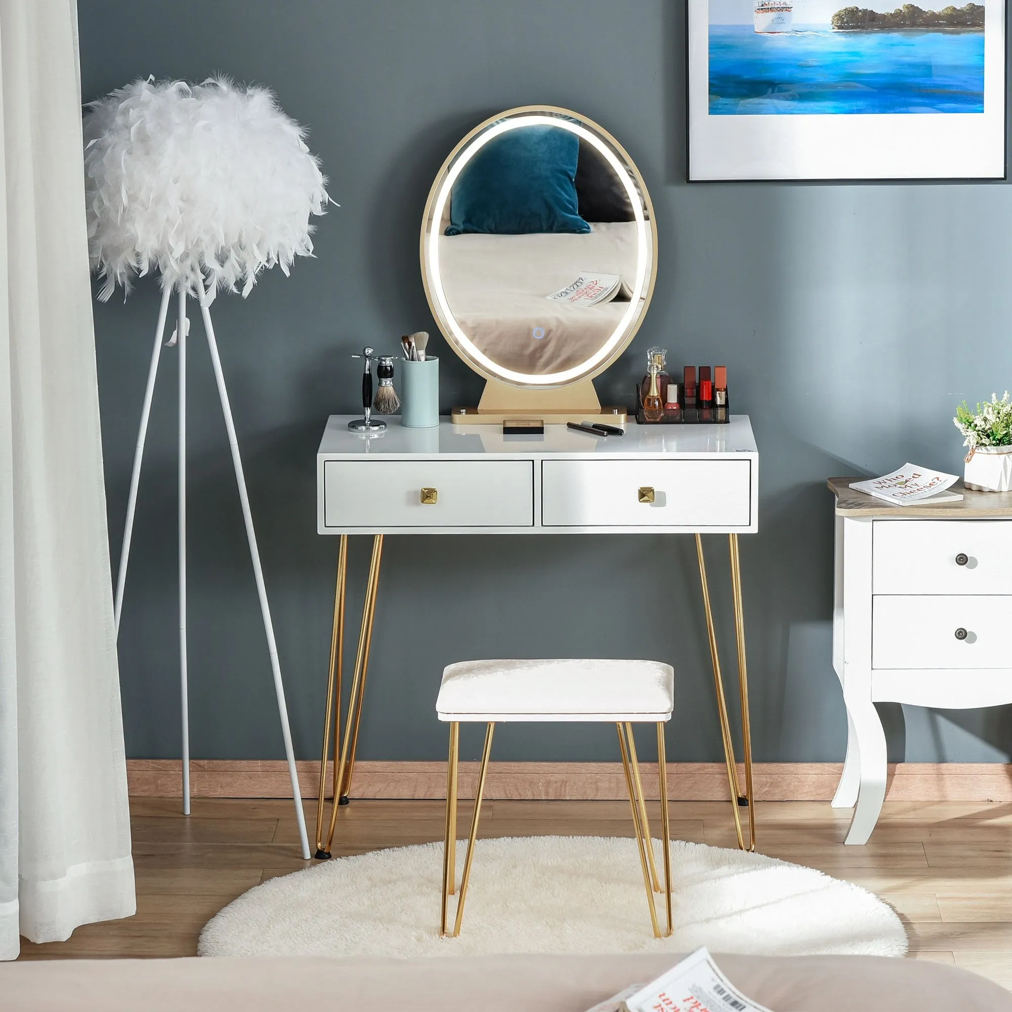 Makeup Vanity Table Set with Round Mirror, 3 Color LED Light, Dressing Desk with 2 Drawers and Cushioned Stool for Bedroom, White With Mirror &