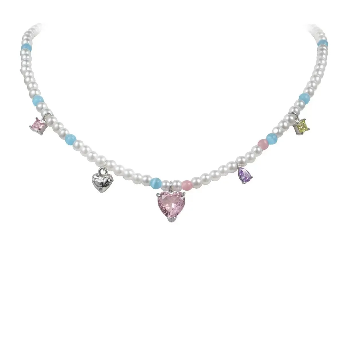N20 Pink Heart Pendant Pearls Beaded Necklace