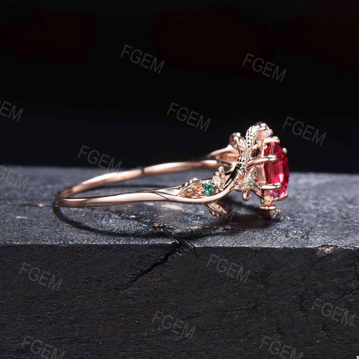 Nature Inspired Hexagon Ruby Engagement Ring Dainty Snake Ring Floral Ruby Emerald Wedding Ring Branch Leaf Ring July Birthstone Women Gifts