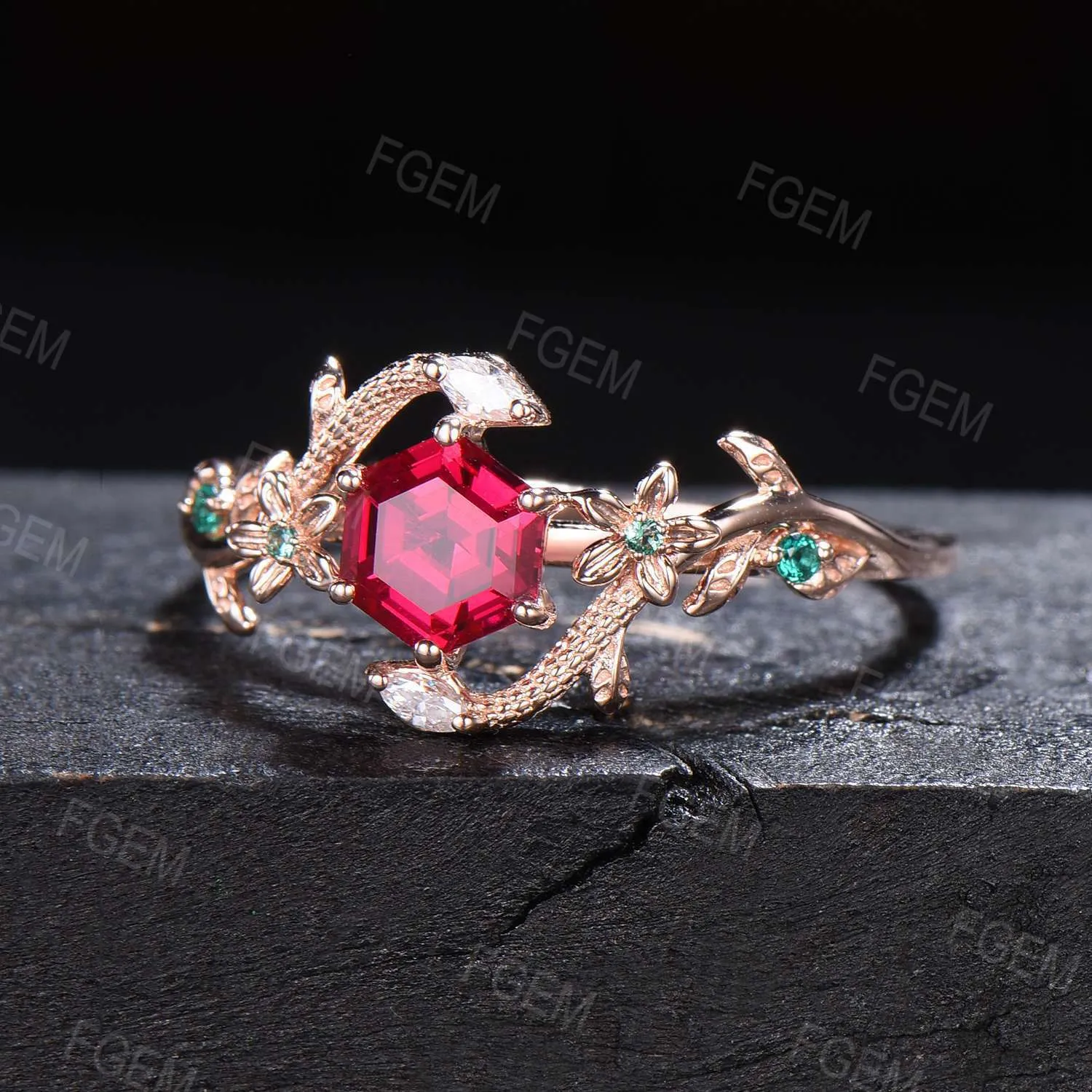 Nature Inspired Hexagon Ruby Engagement Ring Dainty Snake Ring Floral Ruby Emerald Wedding Ring Branch Leaf Ring July Birthstone Women Gifts