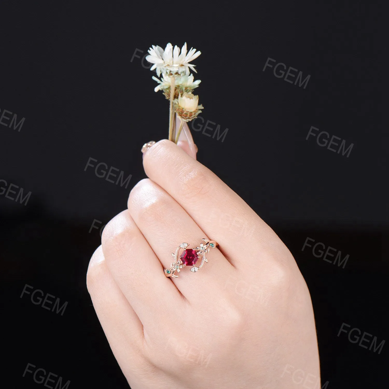 Nature Inspired Hexagon Ruby Engagement Ring Dainty Snake Ring Floral Ruby Emerald Wedding Ring Branch Leaf Ring July Birthstone Women Gifts