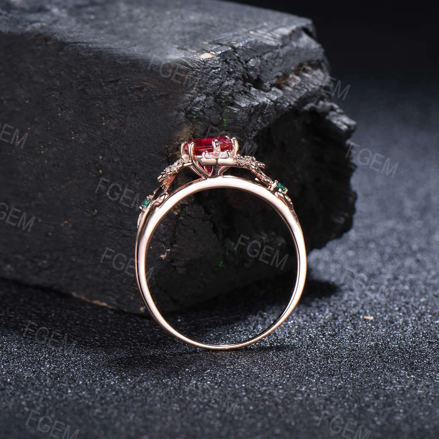 Nature Inspired Hexagon Ruby Engagement Ring Dainty Snake Ring Floral Ruby Emerald Wedding Ring Branch Leaf Ring July Birthstone Women Gifts