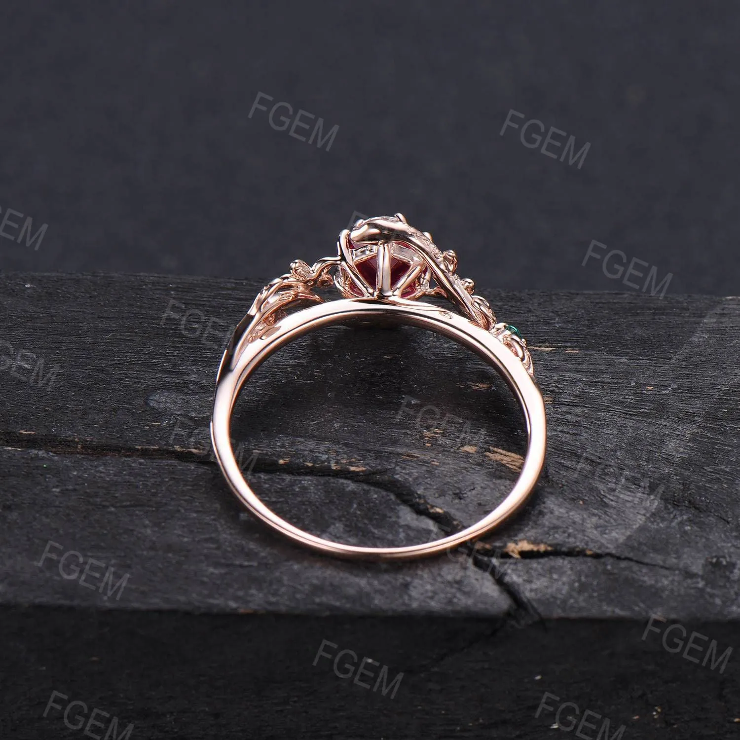 Nature Inspired Hexagon Ruby Engagement Ring Dainty Snake Ring Floral Ruby Emerald Wedding Ring Branch Leaf Ring July Birthstone Women Gifts