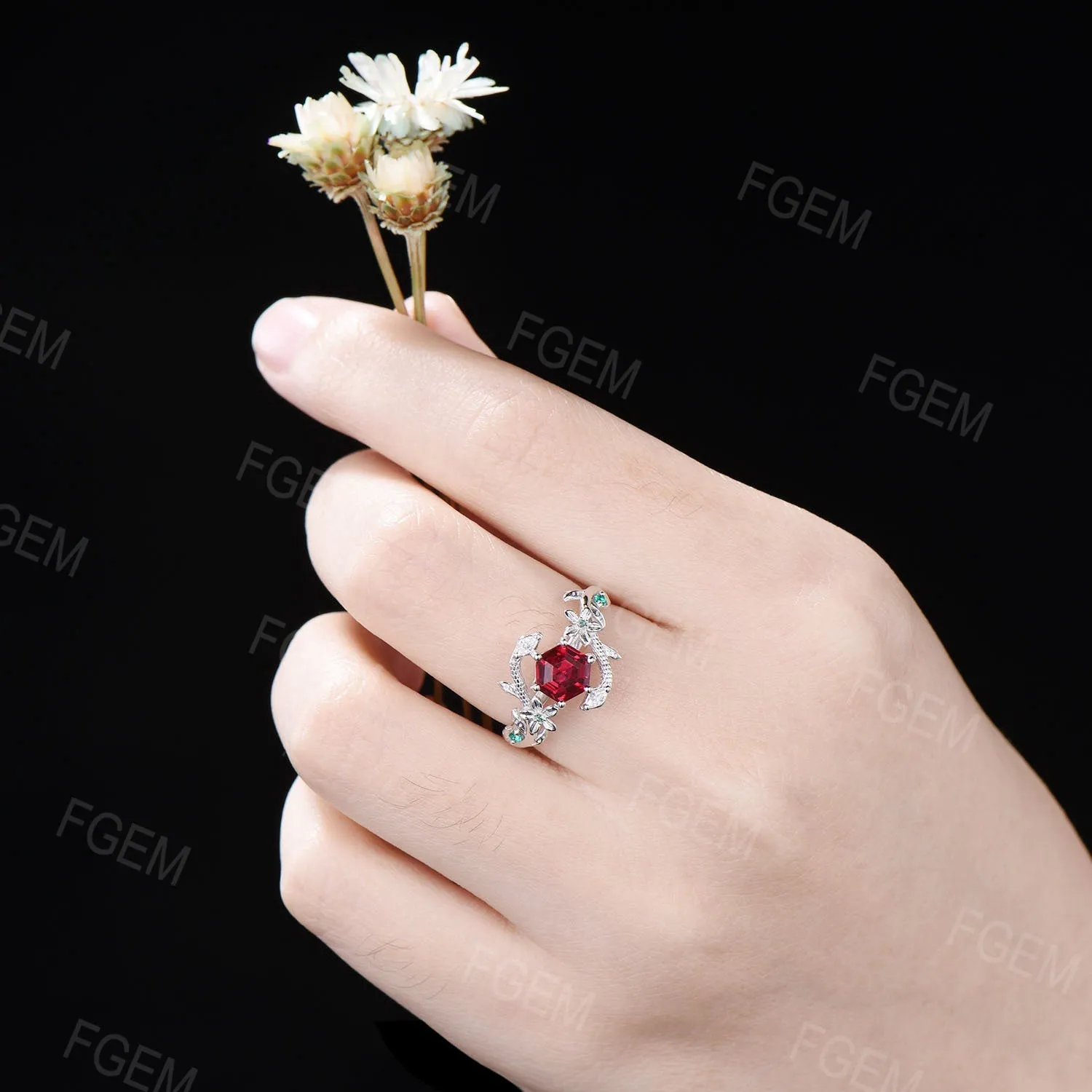 Nature Inspired Hexagon Ruby Engagement Ring Dainty Snake Ring Floral Ruby Emerald Wedding Ring Branch Leaf Ring July Birthstone Women Gifts