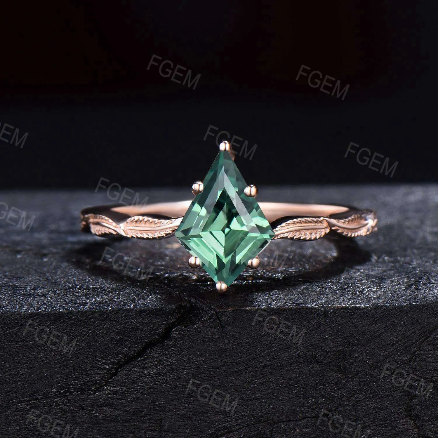 Nature Inspired Kite Cut Green Sapphire Ring Set Leaf Band Teal sapphire Solitaire Bridal Set Vintage Opal Wedding Ring Set Birthstone Gifts