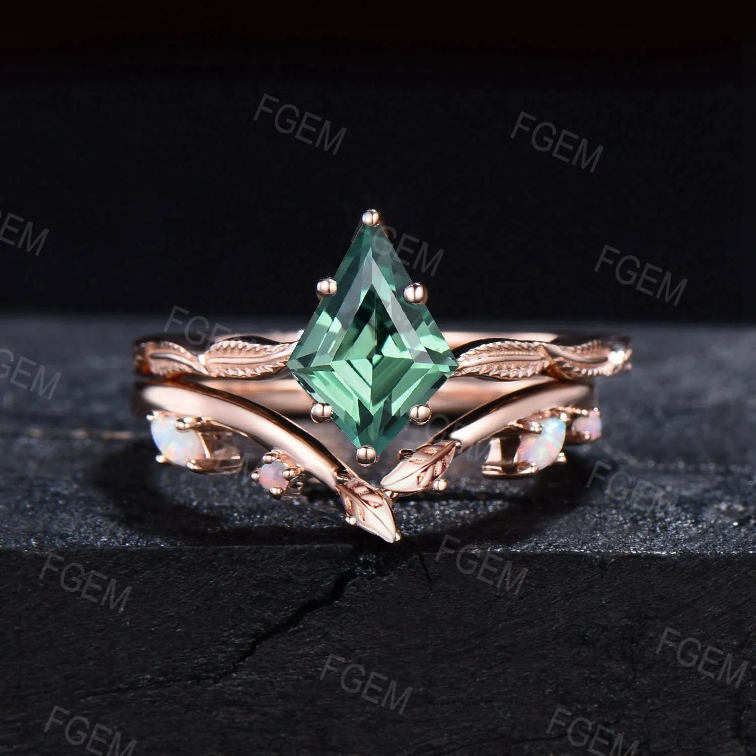 Nature Inspired Kite Cut Green Sapphire Ring Set Leaf Band Teal sapphire Solitaire Bridal Set Vintage Opal Wedding Ring Set Birthstone Gifts