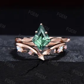 Nature Inspired Kite Cut Green Sapphire Ring Set Leaf Band Teal sapphire Solitaire Bridal Set Vintage Opal Wedding Ring Set Birthstone Gifts