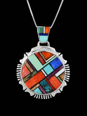 Navajo Inlay Turquoise and Spiny Oyster Sterling Silver Pendant