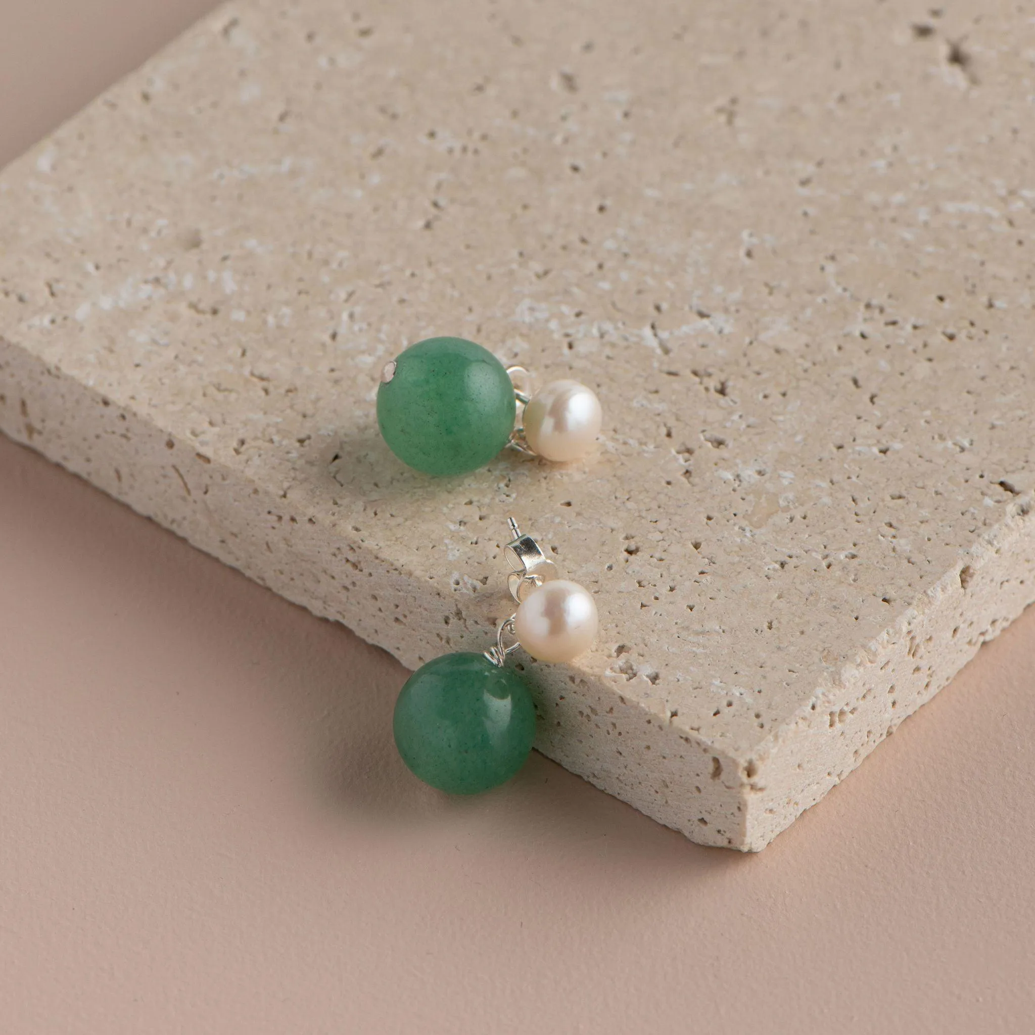Pearl Stud with Semi Precious Drop Earring | Green Jade