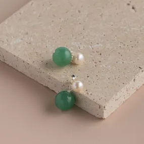 Pearl Stud with Semi Precious Drop Earring | Green Jade