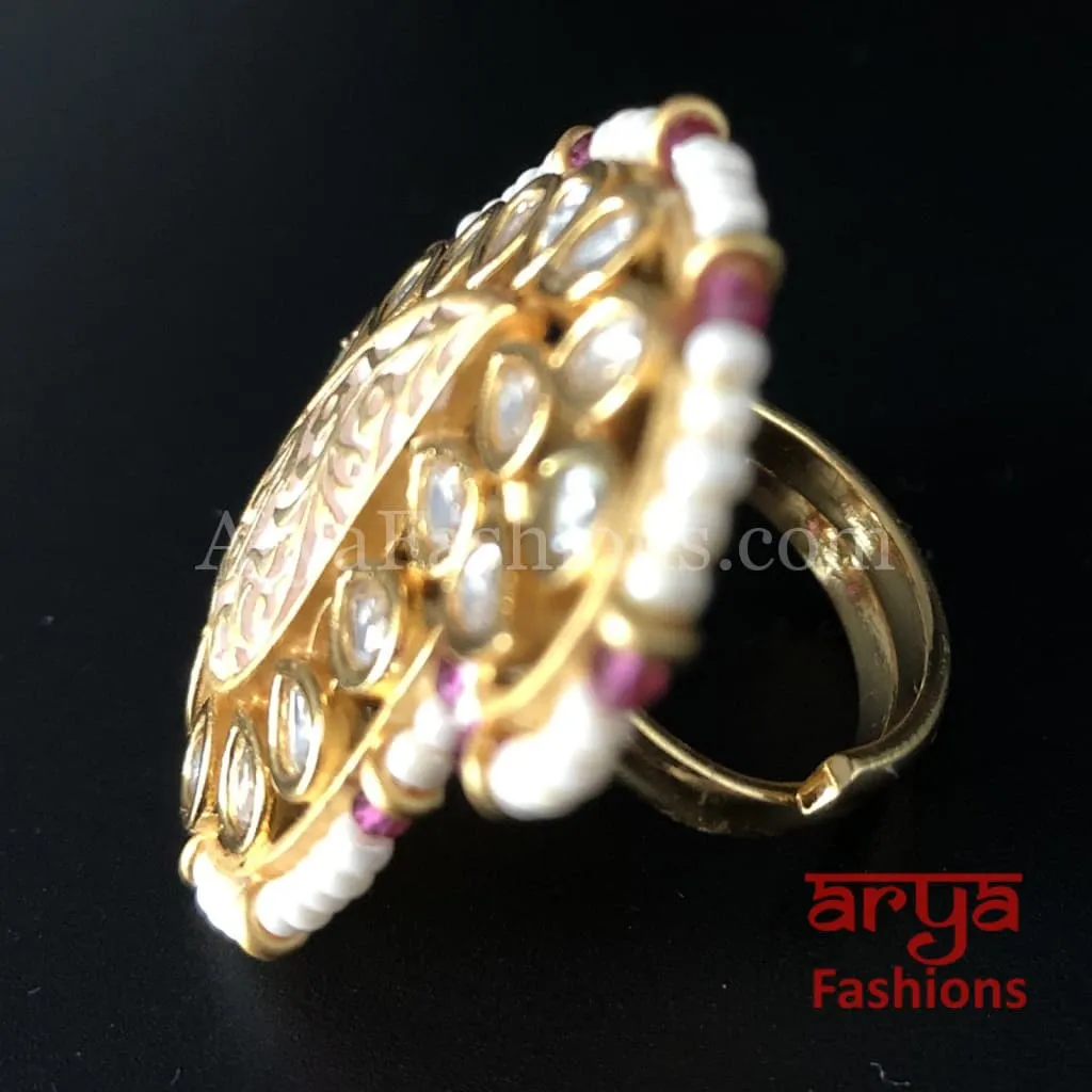 Pink Meenakari Pearl Golden Sabyasachi Statement Ring