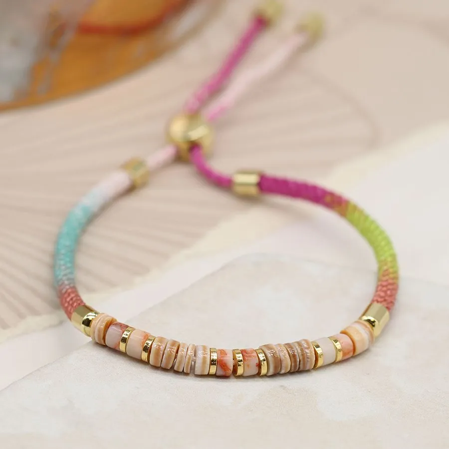 Pink Yellow & Blue Mix Cord Bracelet with Semi-Precious & Brass Beads