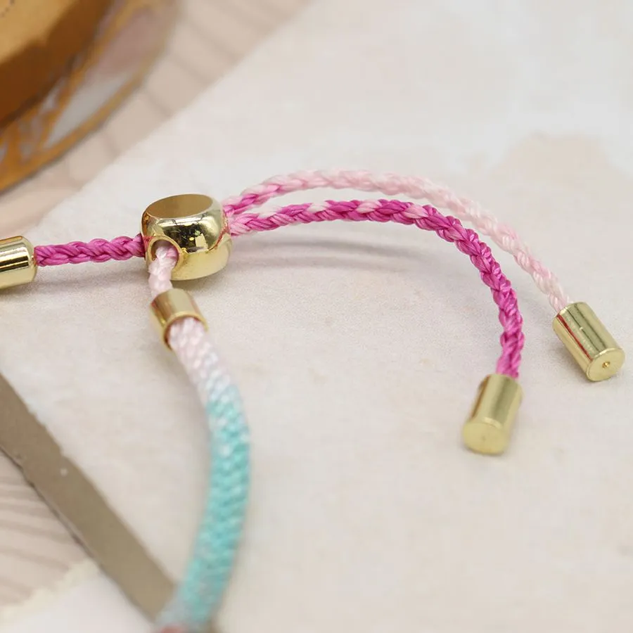 Pink Yellow & Blue Mix Cord Bracelet with Semi-Precious & Brass Beads
