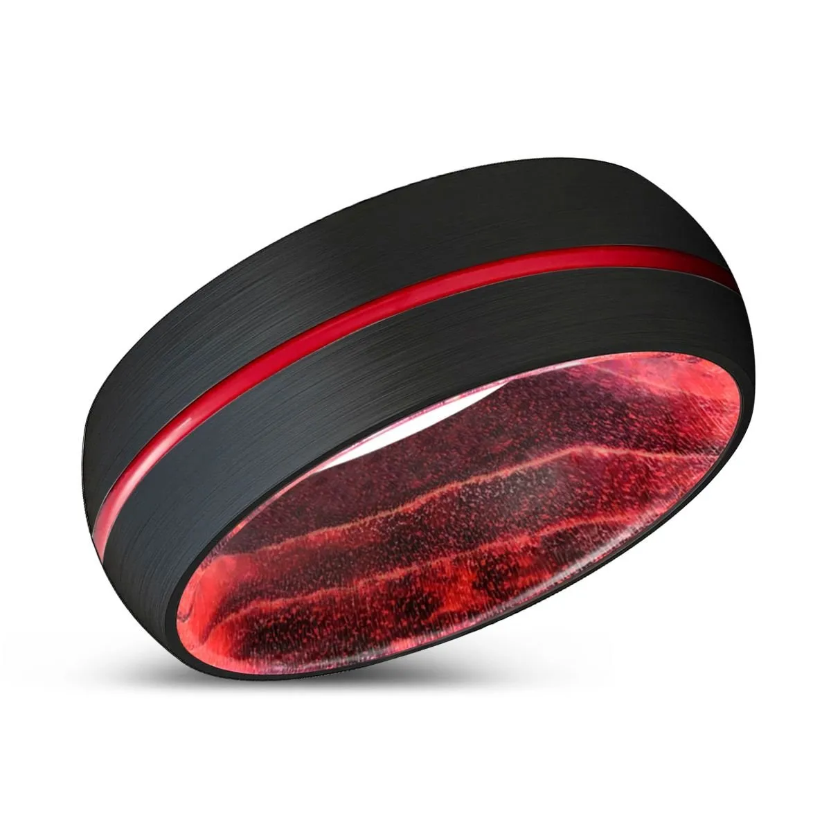 PIRANHA | Black & Red Wood, Black Tungsten Ring, Red Groove, Domed