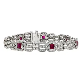 Platinum Diamond and Square-cut Ruby Bracelet