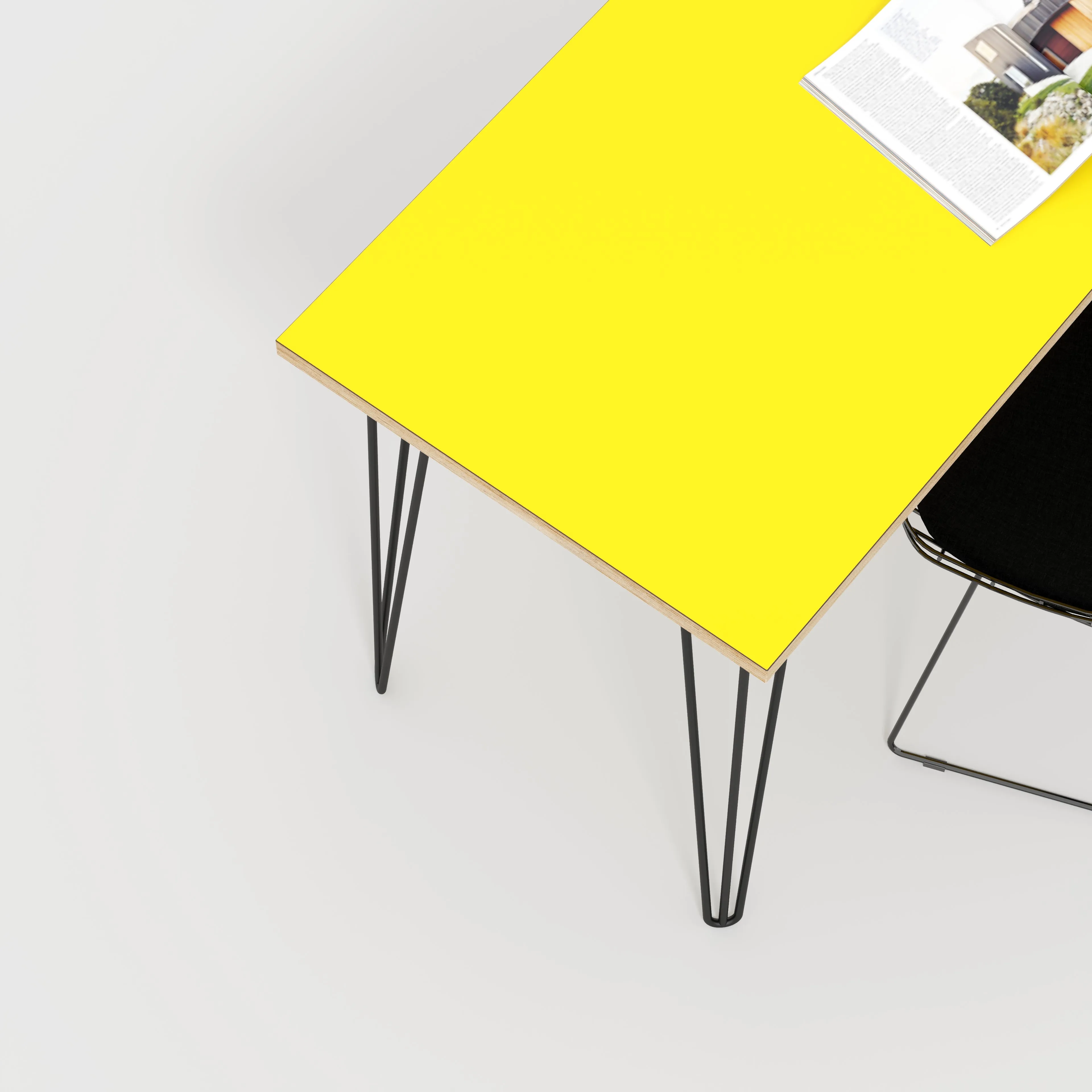 Plywood Desk with Black Hairpin Legs - Formica Chrome Yellow - 1600(w) x 800(d) x 735(h)