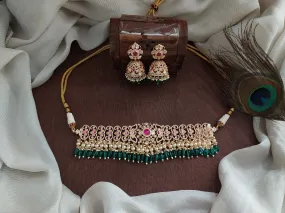 Polki Kundan Choker Set with Jhumki – Ruby & White Stones with Bead Dangling